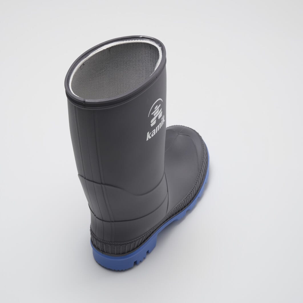 Charcoal-Blue : Stomp Kids' Rain Boots - Three-Quarter Back View
