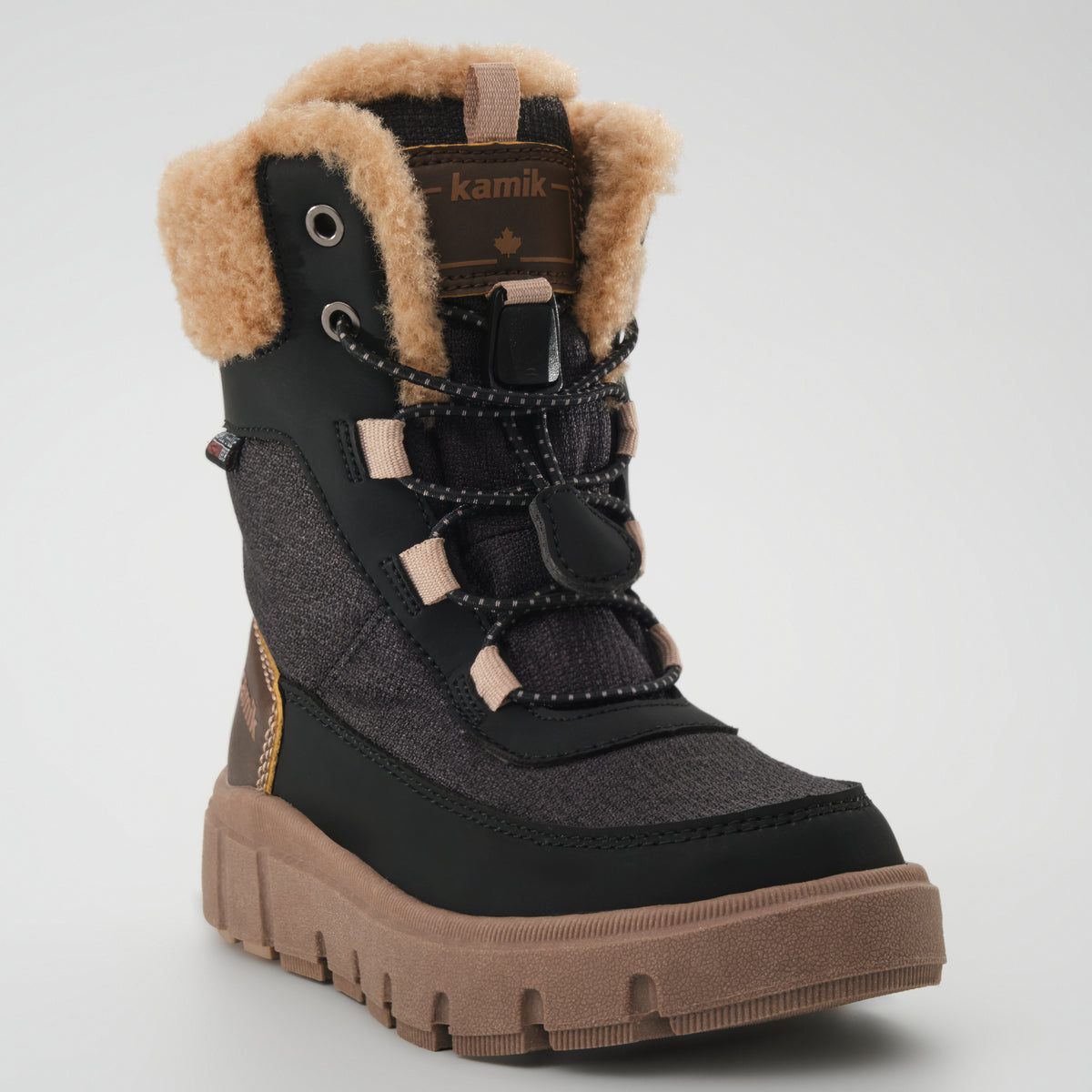 Black-Brown : Seeker F Kids Winter Boots - Three-Quarter Front View