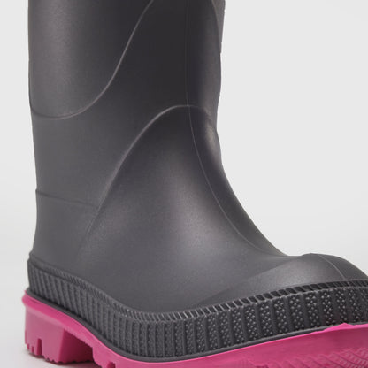 Charcoal-Magenta : Stomp Kids' Rain Boots - Three-Quarter View Close-up